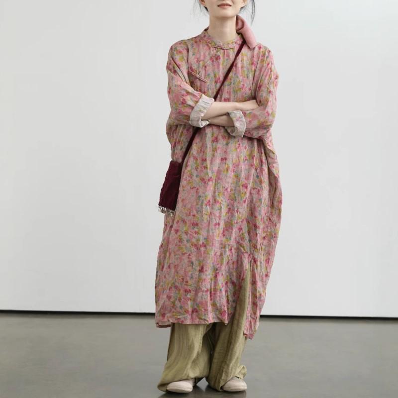 Johnature Damen Vintage Print Blumenkleider Stehkragen Langarm Ramie Hochwertiger Stoff Frühling Chinesischer Stil Kleid