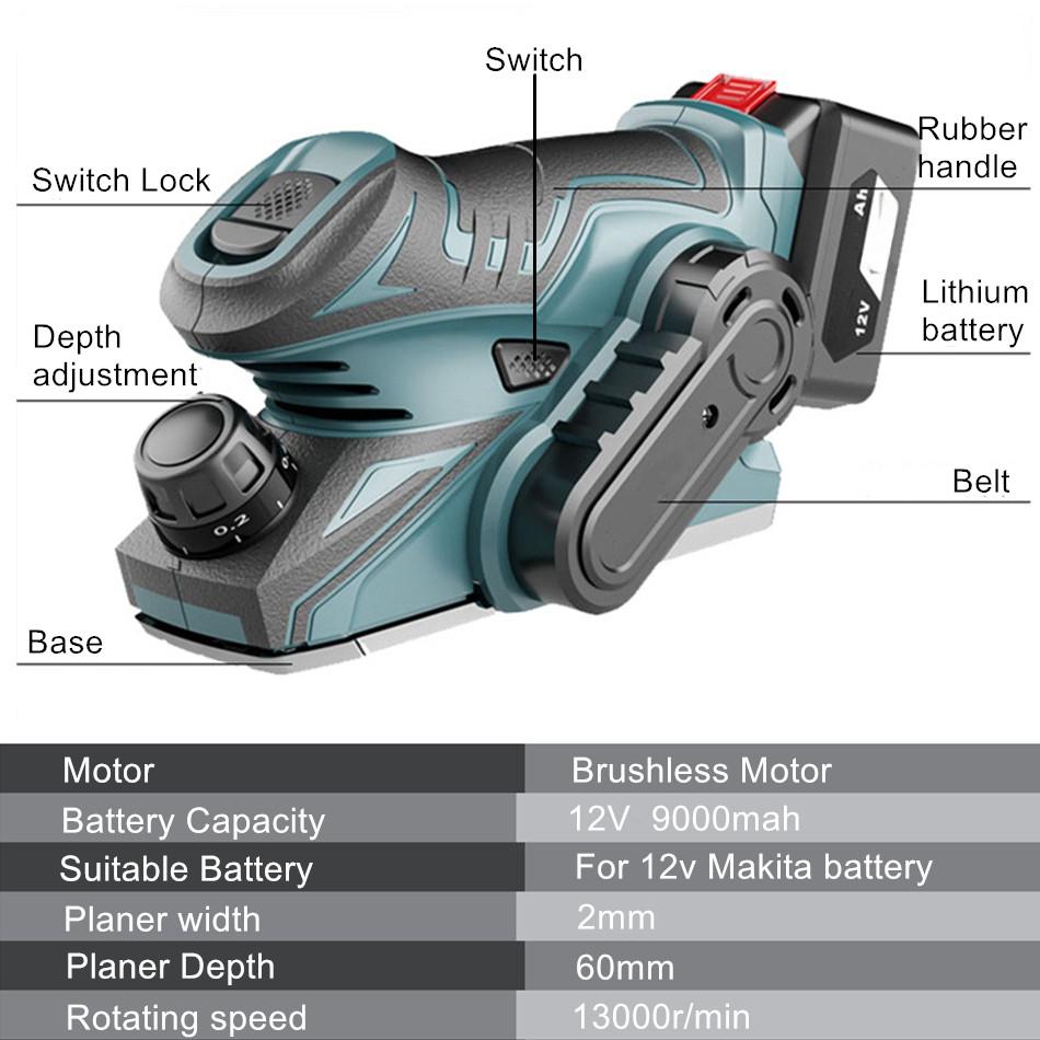 1200W Cordless Portable Electric Planer Brushless Handheld Electric Router Trimmer High Power Woodworking Power Tool