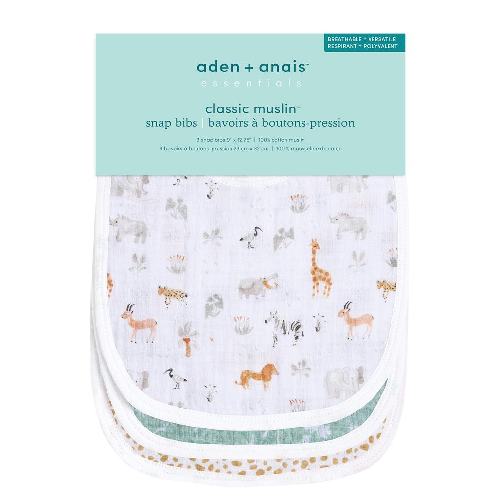 aden anais essentials Snap Bib Giraffe Safari One Size Cotton 23 x 32cm Machine Washable Bib Baby Shower Gift BBADAEESNC30026 + 3-Pack 100%
