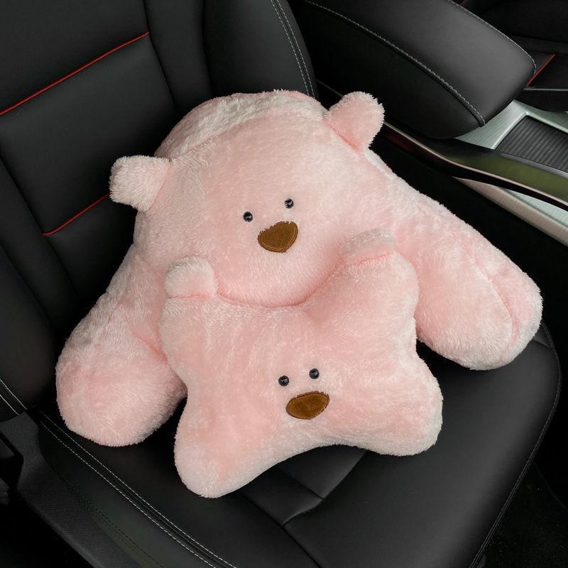 Cartoon Car Headrest Neck Pillow: Cute Plush Winter Lumbar Support for Women