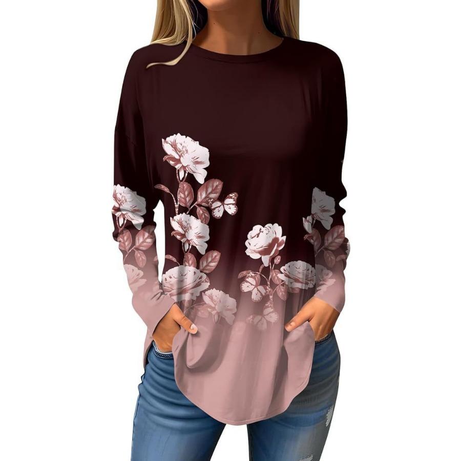 Vintage Long Sleeve 3D Printed T-shirts Flower Round Neck Top for Women's Clothing