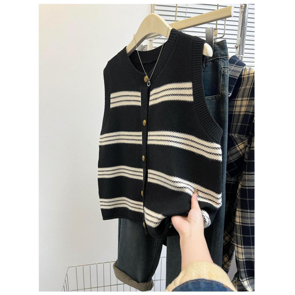 Striped Knitted Cardigan Vest Women's Spring and Autumn Loose Outer Wear Stacked Shirt Vest Sweater Vest Top