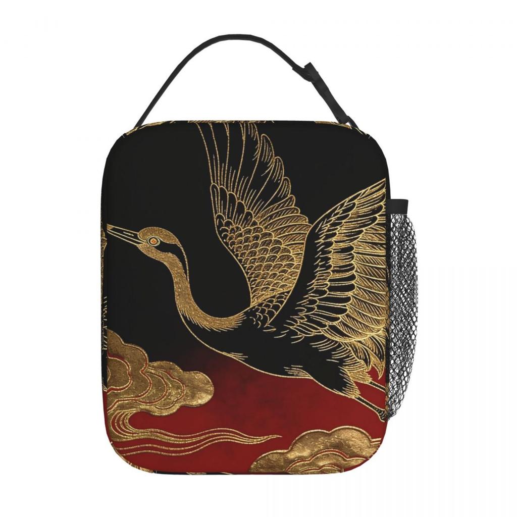 Elegant Chinese Crane And Red Golden Maroon Insulated Lunch Bag for Women Children Portable Food Boxes Thermal Lunch Box Tote