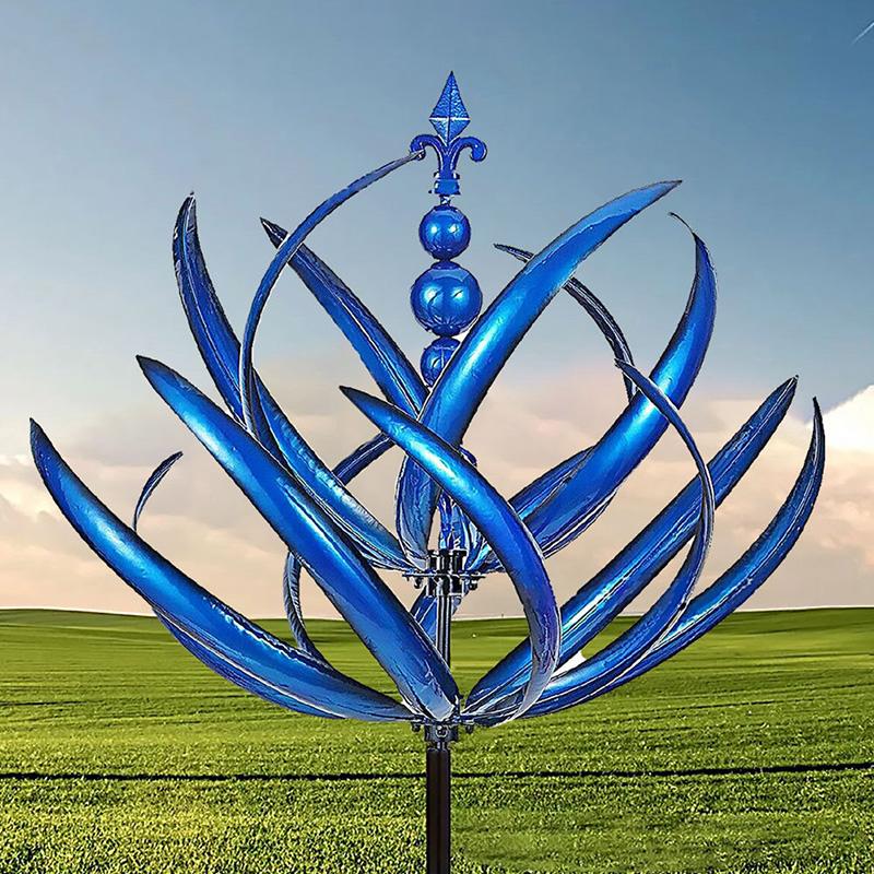 Girasole Cinetico a Forma di Fiore di Loto in Metallo Blu, Mulino a Vento Impermeabile Rotante a 360° per Decorazione di Giardino, Cortile, Prato, Ornamento Scultura Artistica da Esterno Resistente alla Ruggine