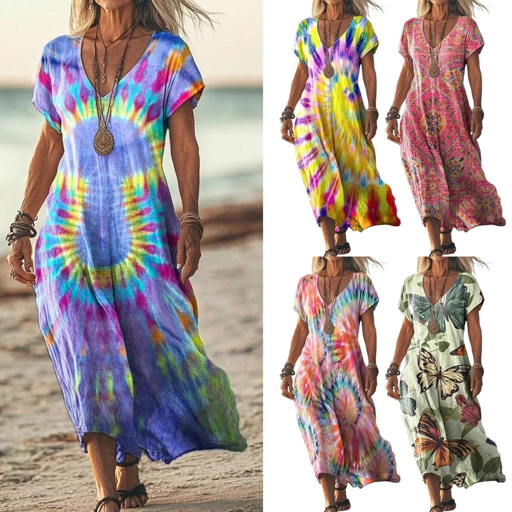 Women Summer Floral Dress Short Sleeve Beach Dress With Pockets Casual V-Neck Split Long T-Shirt Dress Travel Vacation