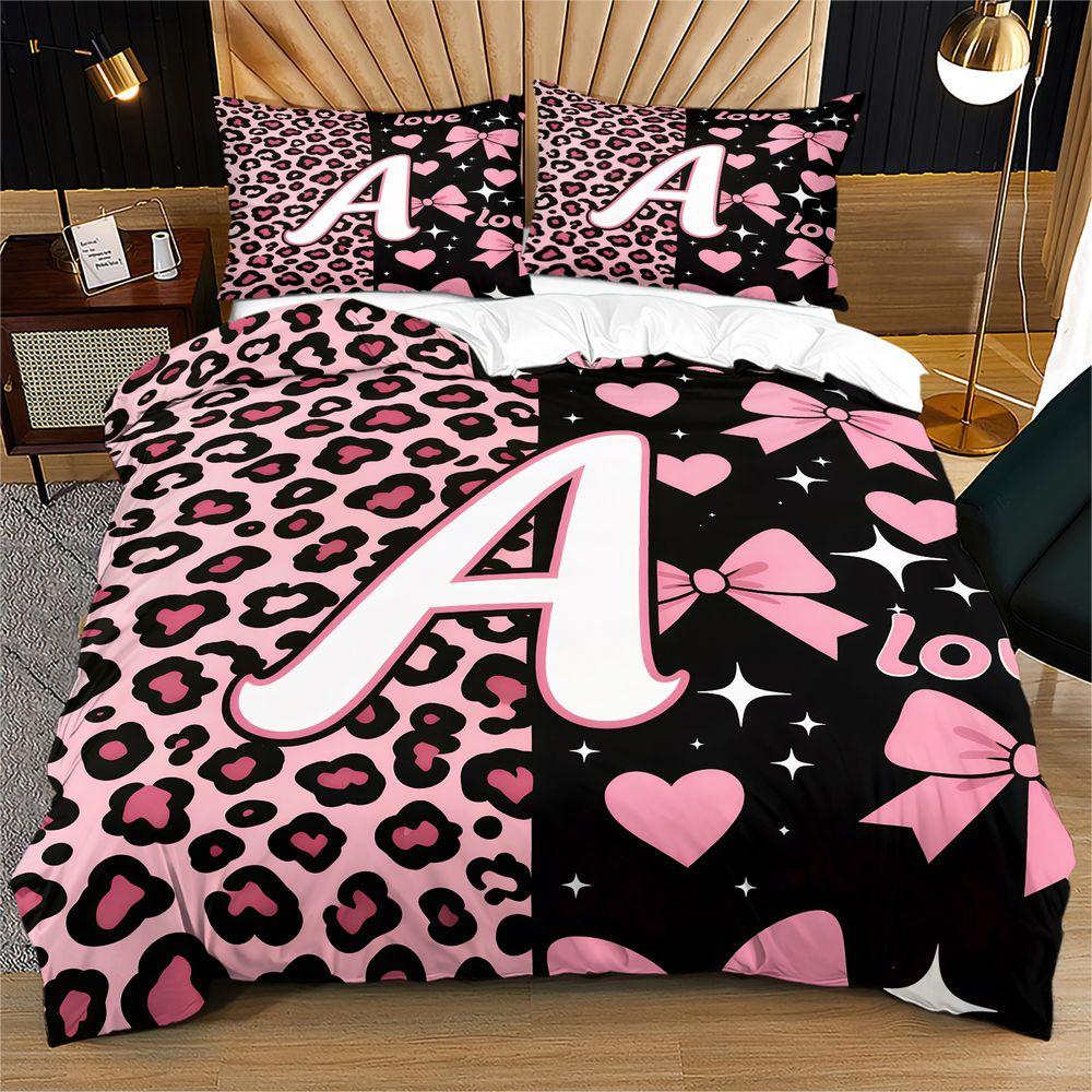 Pink Leopard Heart Bow Duvet Cover Set Comforter Cover Bedding Set No Filler Girls Room Decor 135x200cm