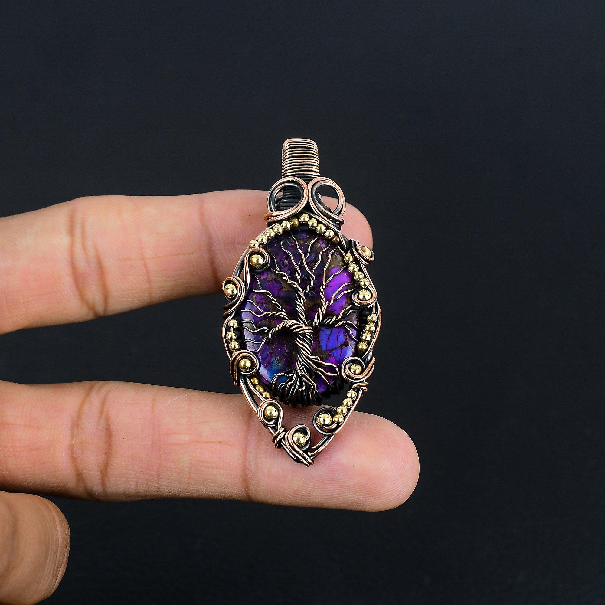 

Подвеска Древо Жизни из фиолетовой медной бирюзы, Ювелирные изделия, обернутые медной проволокой 999 пробы, Подвеска с драгоценным камнем, Подарок для нее, Изящные украшения ручной работы