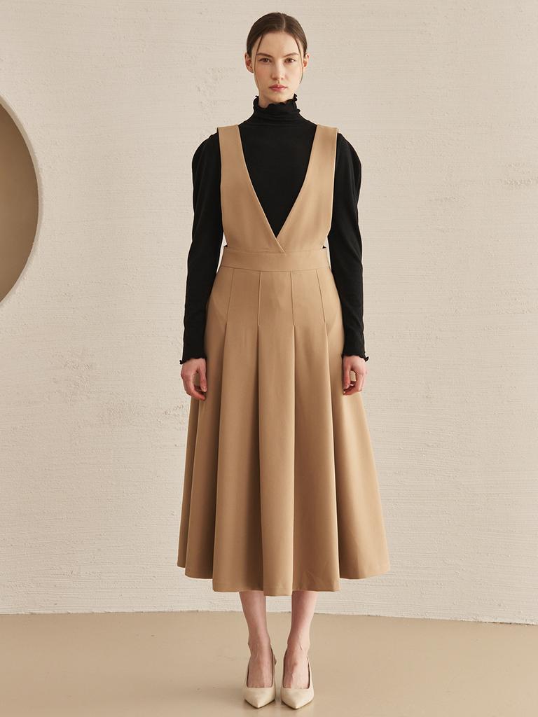 Nub V-Neck Sleeveless Flare Dress - Beige
