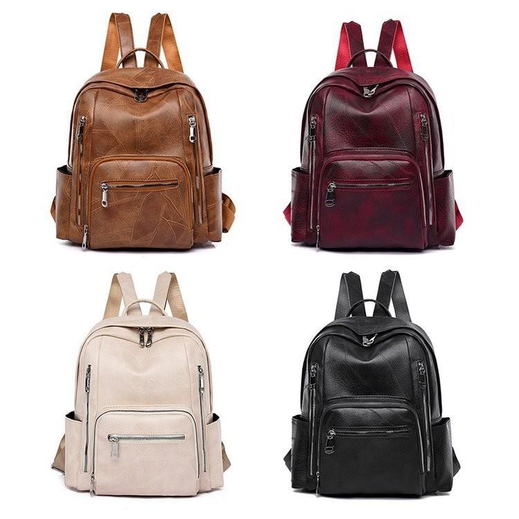 Stylish Pu Leather European Retro Casual Backpack For Women Soft Zipper Closure