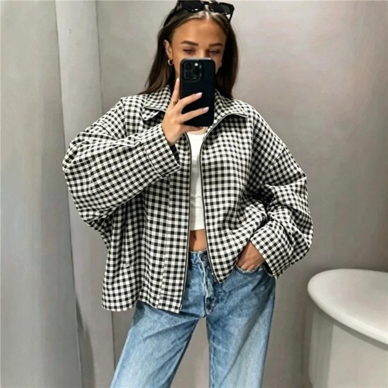 Women Vintage Small Plaid Cropped Jacket Lapel Collar Zip Up Long Sleeve Loose Casual Checkered Coat