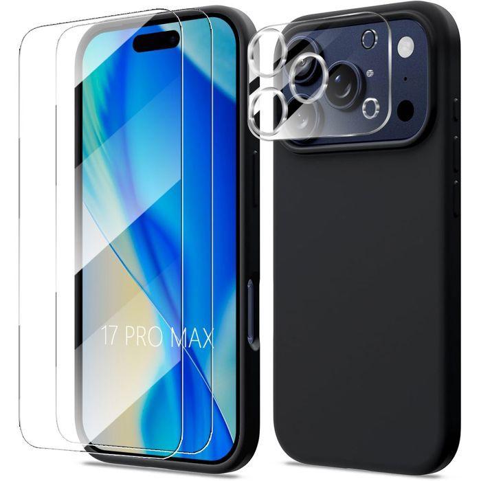 Coque Silicone - BOOLING - pour iPhone 17 Pro Max - Souple Noir - 2 Verres Trempés + Protection Caméra
