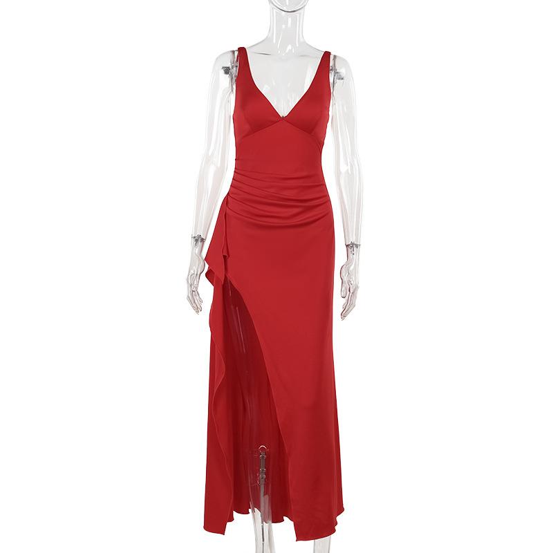 

Autumn New, Celebrity Temperament Sexy Slim Ruffle Edge Deep Split Dress Women XS красный