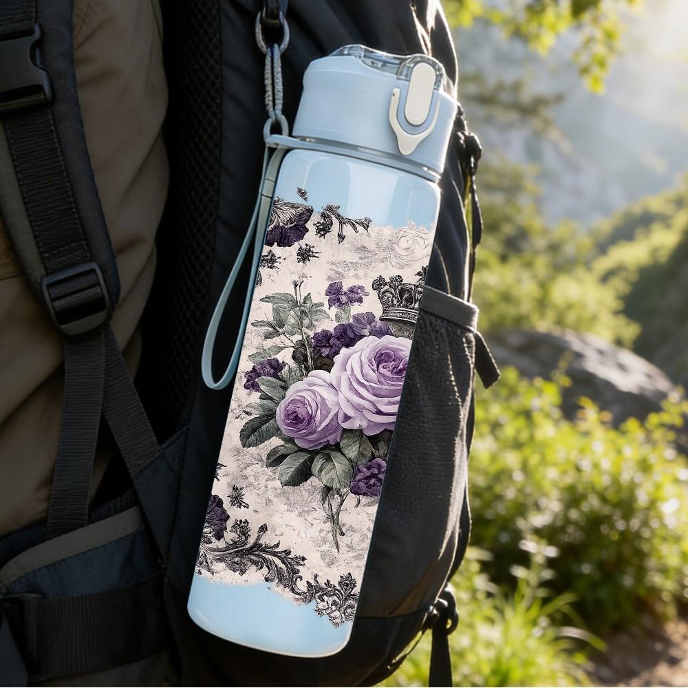 1PC Purple Rose Vintage Floral Print 750ml Color Plastic Sports Water Bottle Leakproof Flip Straw Lid Suitable for Sports Office Home Use