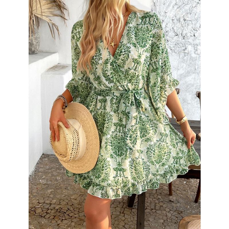 Vacation Casual Printed Lace Up Chiffon Dress