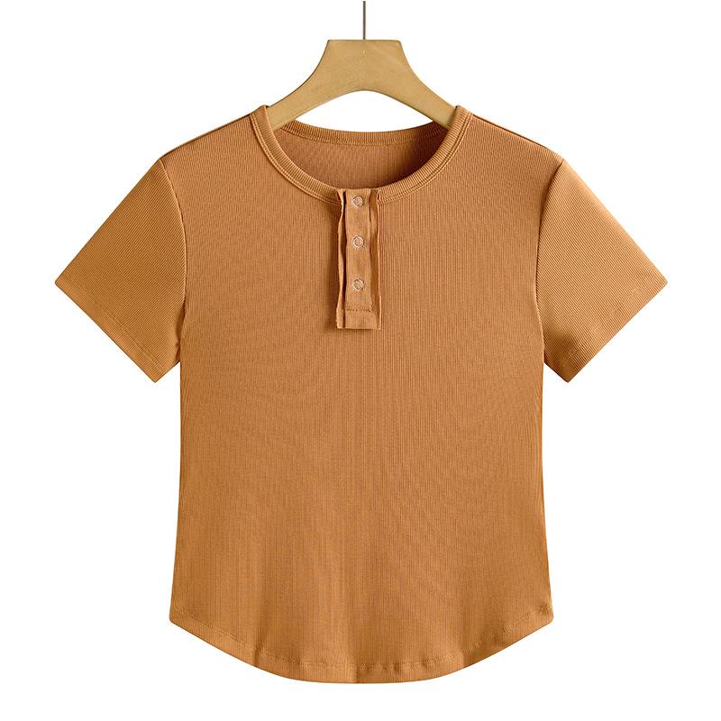 

Хлопковая футболка с круглым вырезом в корейском стиле - Женский повседневный летний топ с коротким рукавом M коричневый