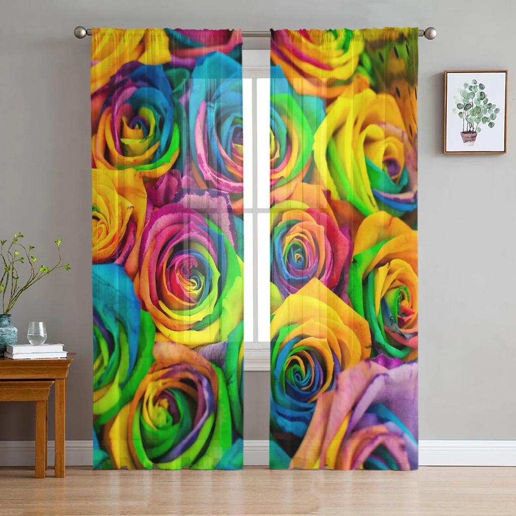 Paint Flowing Colorful Translucent Drapes Living Room Window Opening Tulle Curtains For Bedroom Space Kitchen Area Home Decoration Voile Drapes