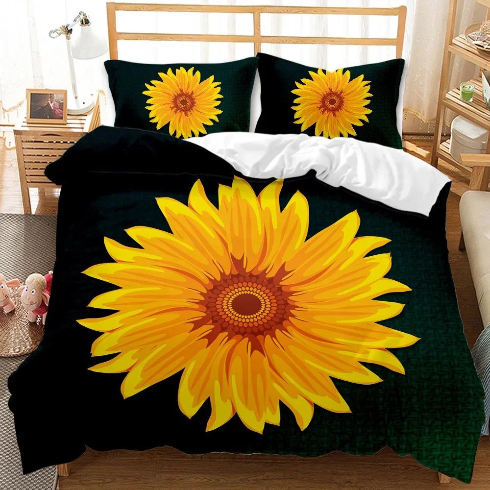 Sunflower Duvet Cover Set Yellow Flower Bedding Set Sunflower Botanical Floral Garden Bloom Print on Black Polyester Quilt Cover