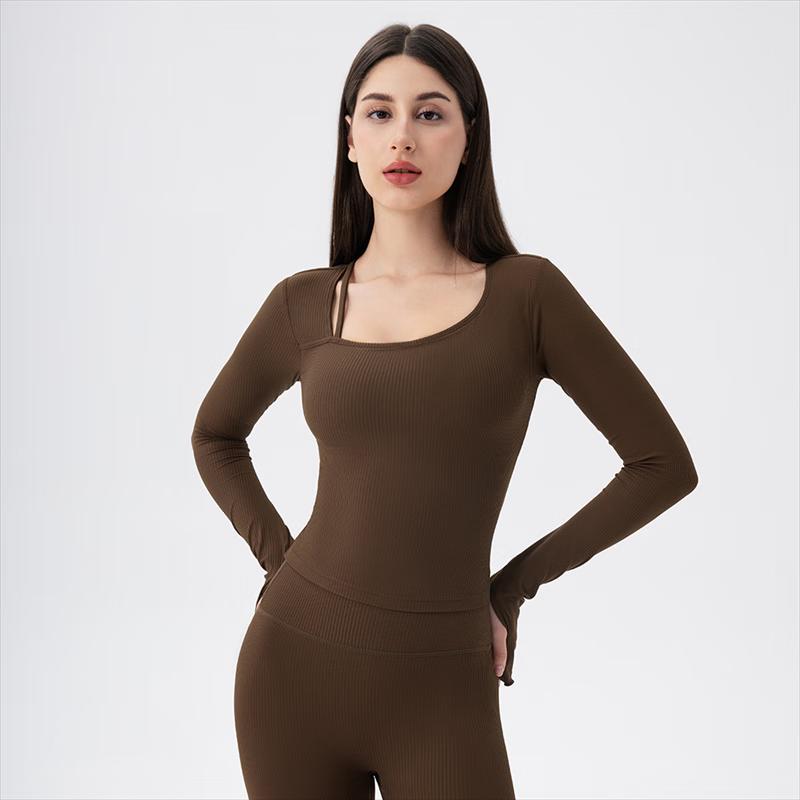 

Women s Seamless Striped Long Sleeve Yoga Top with Built-in Bra XL