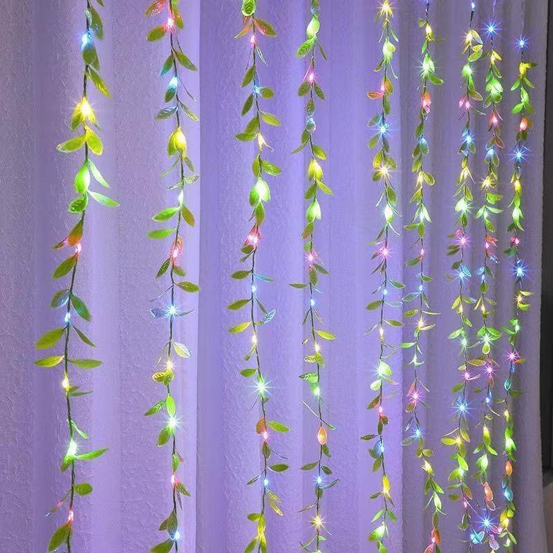 LED Willow Vine Curtain Lights, Green Leaf Copper Wire String, Christmas Decoration Lamp 3x1m European Plug