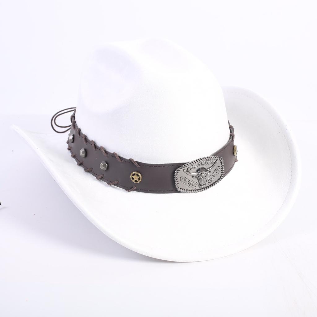 New western cowboy hat men's and women's wide-brimmed top hat bull head rivet belt buckle sun hat