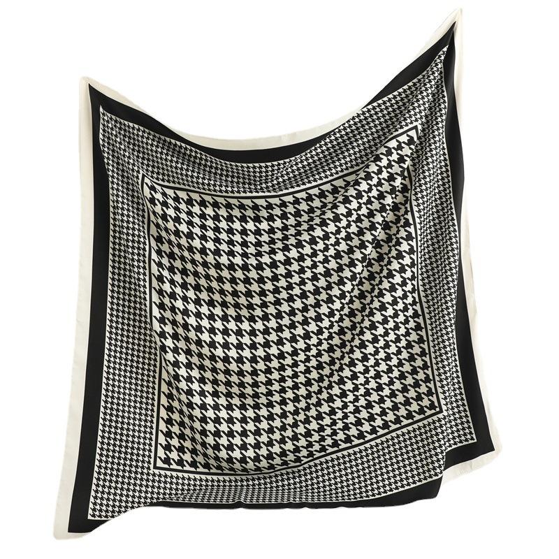Temperament Silk Scarf Women's 91cm Twill Silk Headscarf Simple Large Square Scarf Sun Protection Decorative Shawl Thousand Birds Plaid Scarf