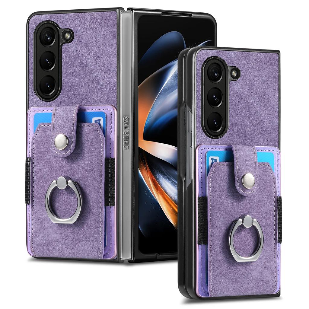 Retro Leather Ring Wallet Case with Card Holder Phone Case for Samsung Galaxy Z Fold 7 6 5 4 3 Fold7 Fold6 Protective Cover