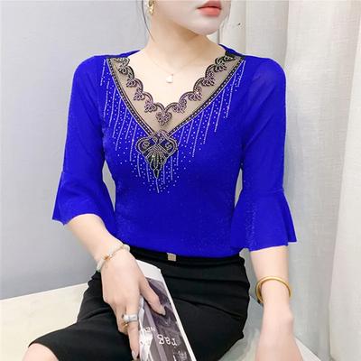 Sommermode Sexy V-Ausschnitt Mädchen T-Shirt Kleidung Glänzend Heißer Diamant Glockenärmel Netz T-Shirts Hohe Qualität Damen Tops