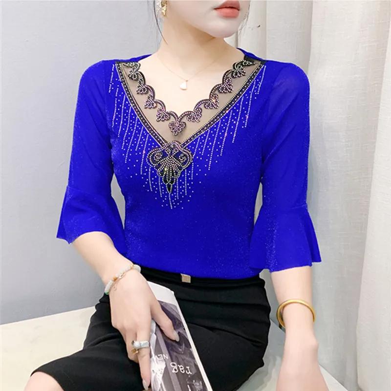 Summer Fashion Sexy V-neck Girl T-shirt Clothes Shiny Hot Diamond Flare Sleeve Mesh Tees High Quality Women's Tops