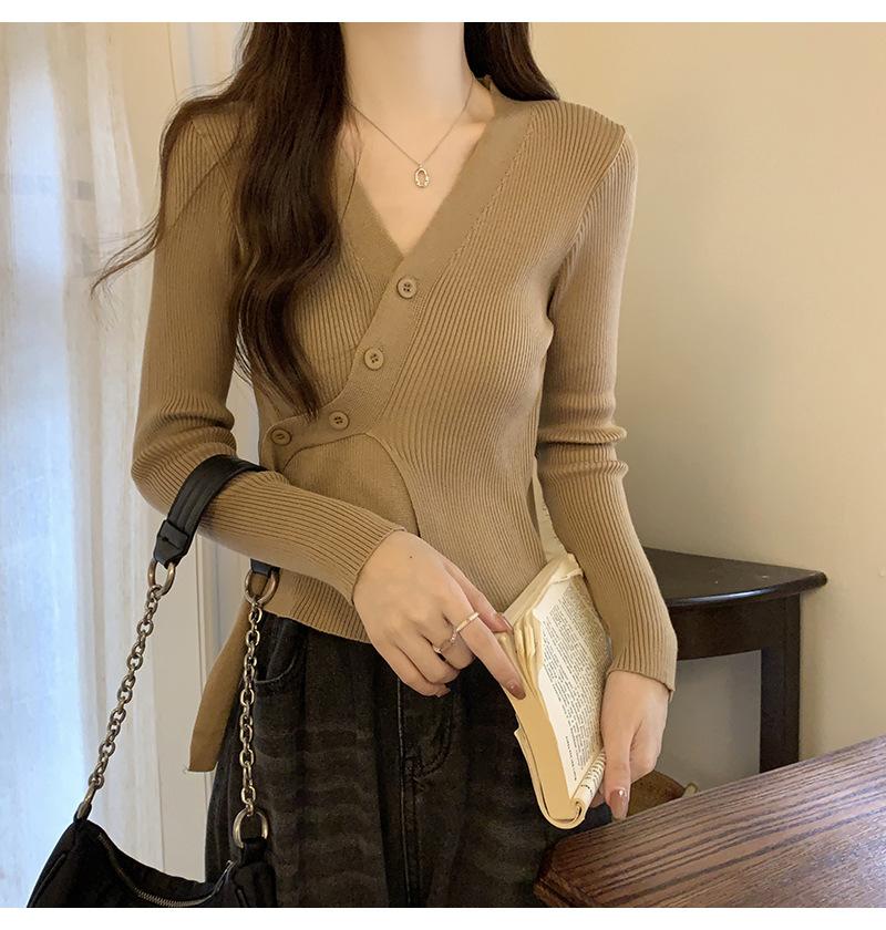 V-neck white knitted sweater women s autumn cardigan with coat, high-end chic slim-fit sweater One Size верблюд