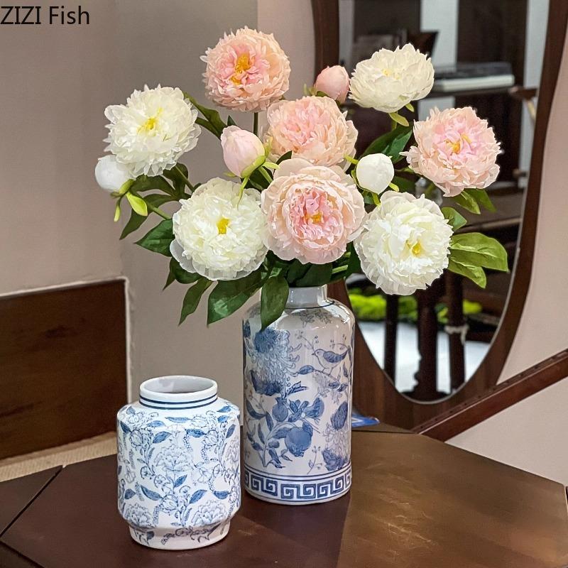 Neoclassical Blue and White Porcelain Vase Table Decoration Floral Print Texture Flowers Arrangement Vases Room Aesthetic Decor