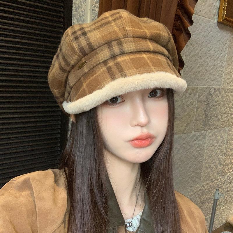 

Универсальный Ретро Клетчатый Плотный Берет в Корейском Стиле Плюс Бархатная Теплая Восьмиугольная Шляпа Британский Стиль Ветрозащитная Шляпа Художника average size