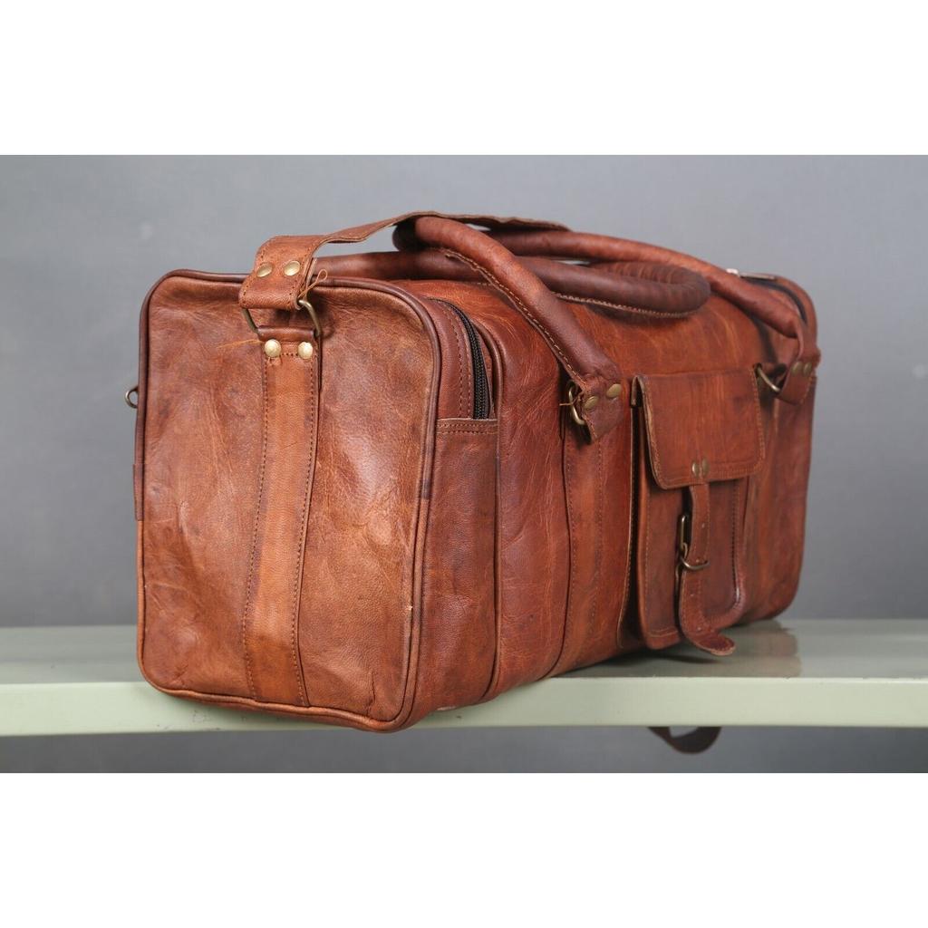 Men's Duffel Genuine Leather Large Travel Gym Weekend Overnight Bag Brown