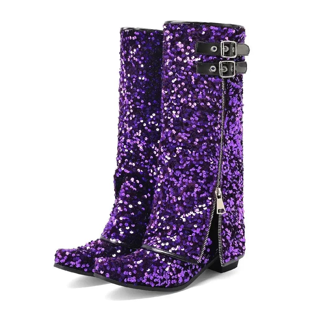 Módní dámské kozačky do půli lýtka s ohrnutým lemem, růžová látka se třpytkami, fialové vysoké blokové podpatky, zimní zateplené, kulatá špička, zip, kozačky nad půlku kalhot