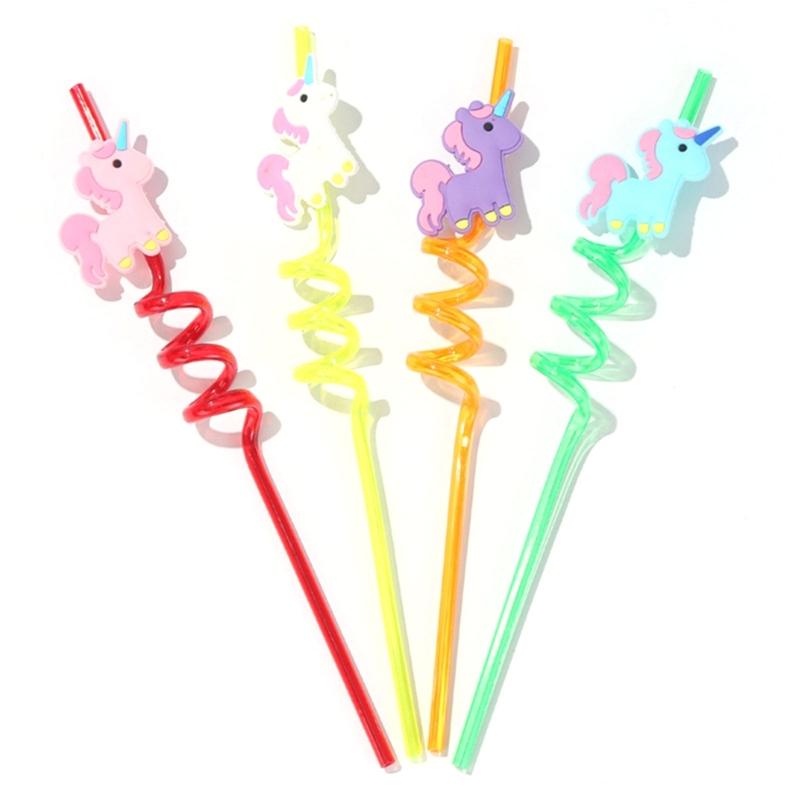Pack of 4 Reusable Unicorns Straws Animal Theme Plastic Drinking Straw for Kid Baby Shower Birthday Party Supplies Gift
