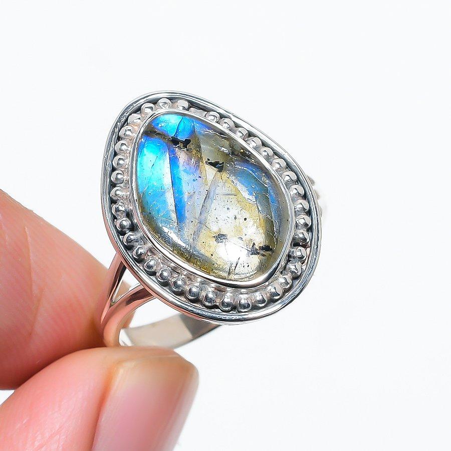 Natural Labradorite Gemstone 925 Solid Sterling Silver Jewelry Ring S.9.5 E0f83