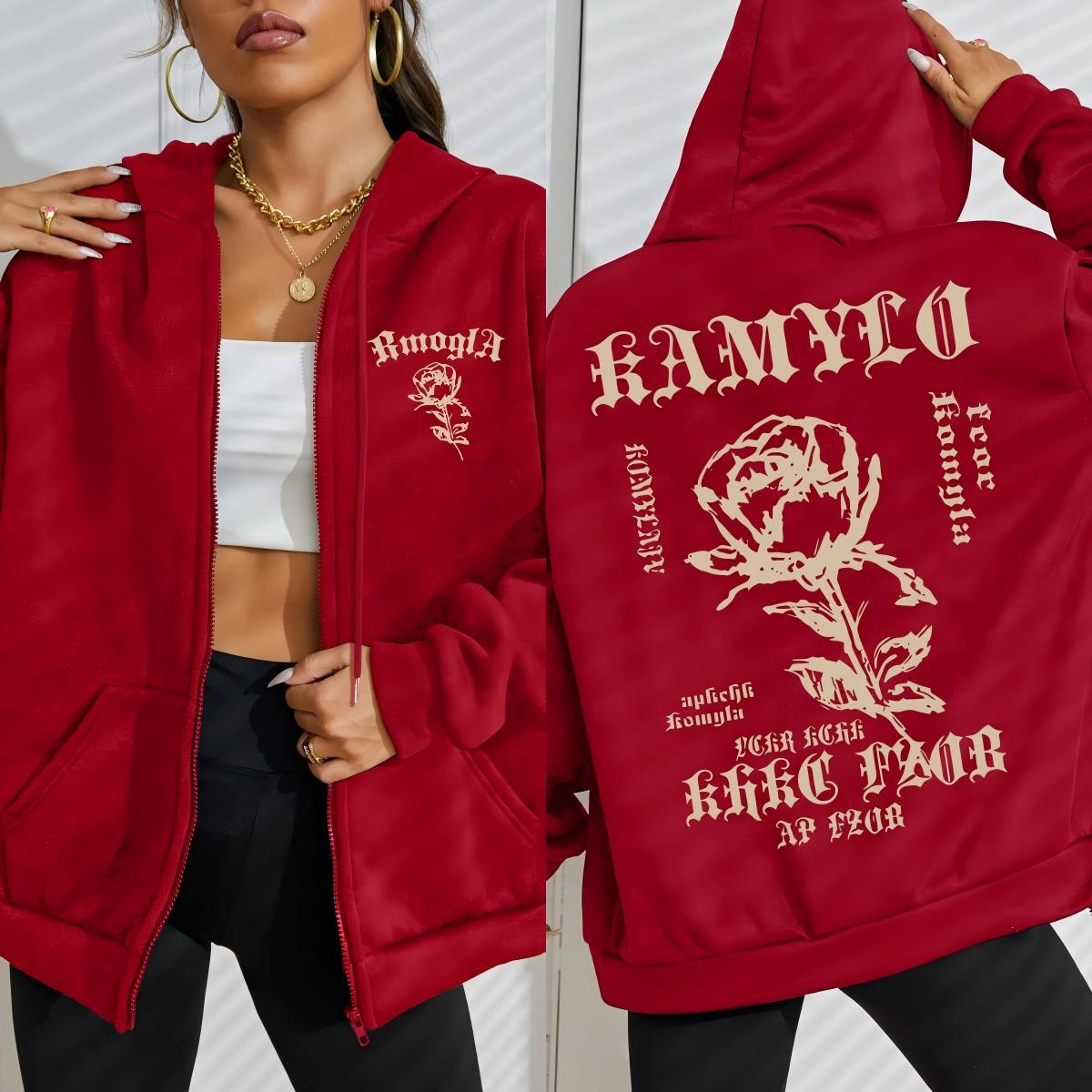 

Оригинальность Роза Арт Шрифты Принт Женское Худи на Молнии Мода Свободная Уличная Одежда Повседневное Флисовое Худи Осенний Спортивный Костюм XL