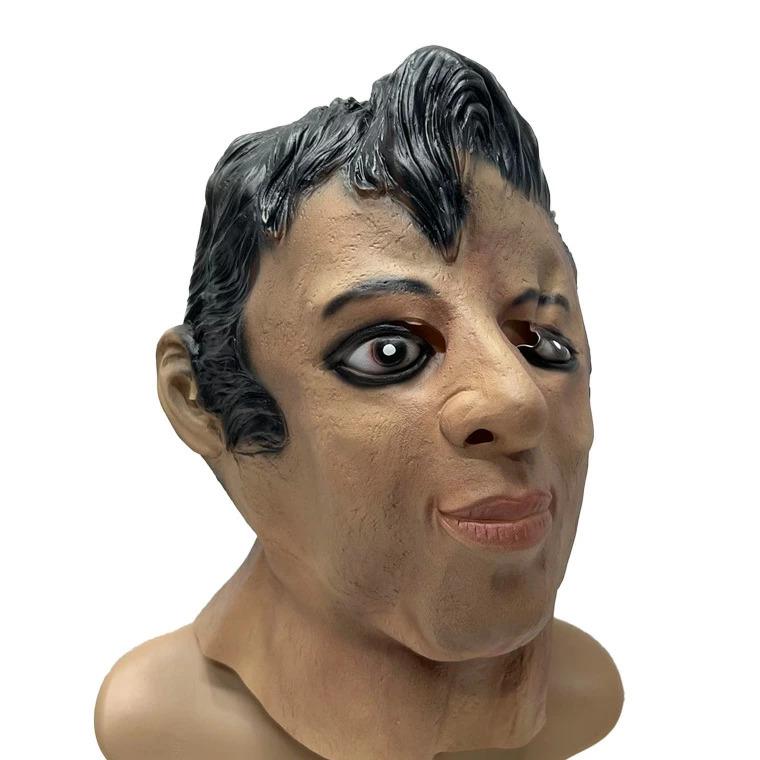 Young black man funny latex mask masquerade prank face hood