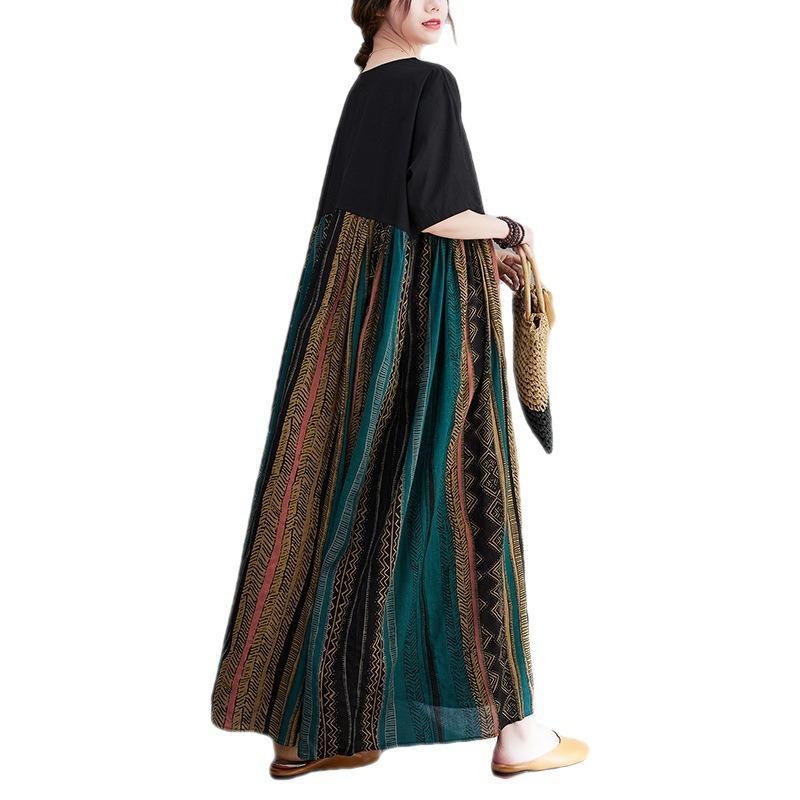 Real shot summer new literary large size loose printing round neck short sleeve dress women's long dress