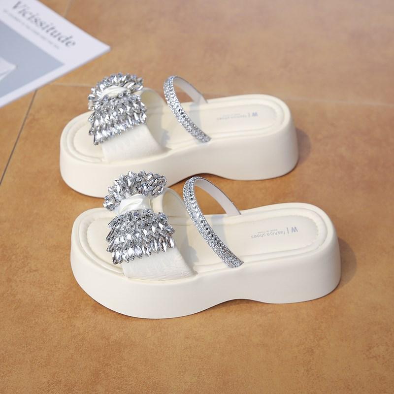 CRLAYDK Women's Slippers Strap Rhinestone Sandals Slip On Outdoor Summer Ladies Platform Shoes Walking Casual Travel Slides