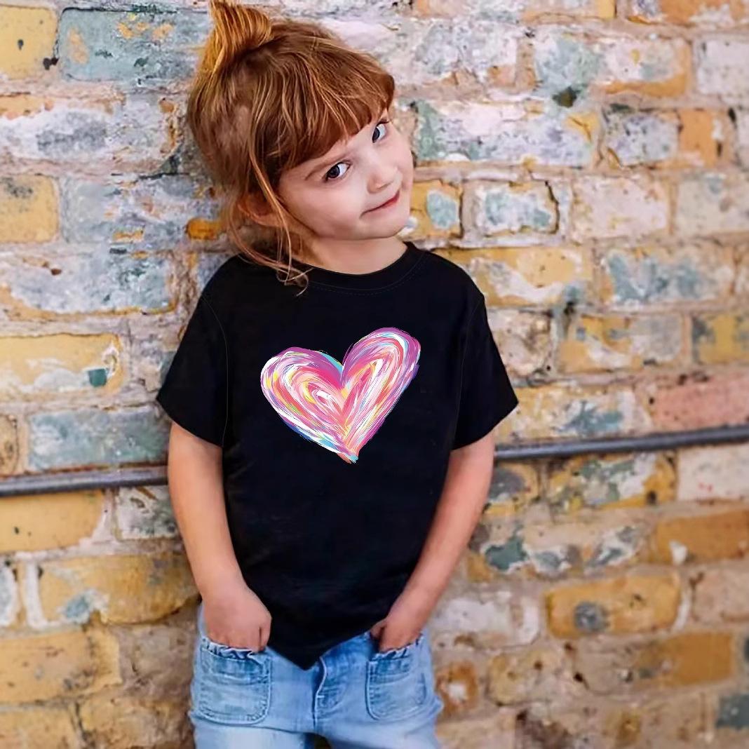 Girls  Casual Colorful Heart-patterned T-shirt for Summer, Children s Fashionable Short-sleeved T-shirt 1-2Y чёрный