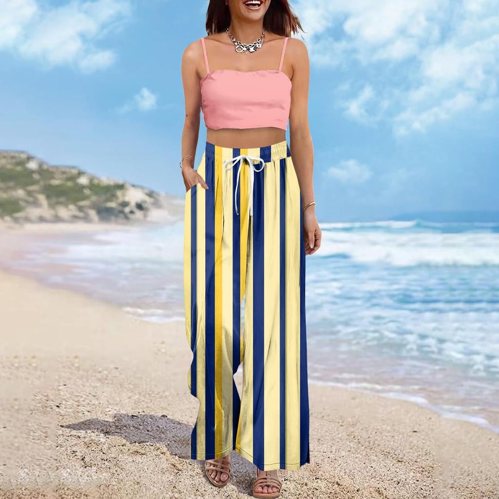 Women's Wide Leg Pants With Elastic Waistband Printing Large Pockets Patchwork Edge, Loose Pants