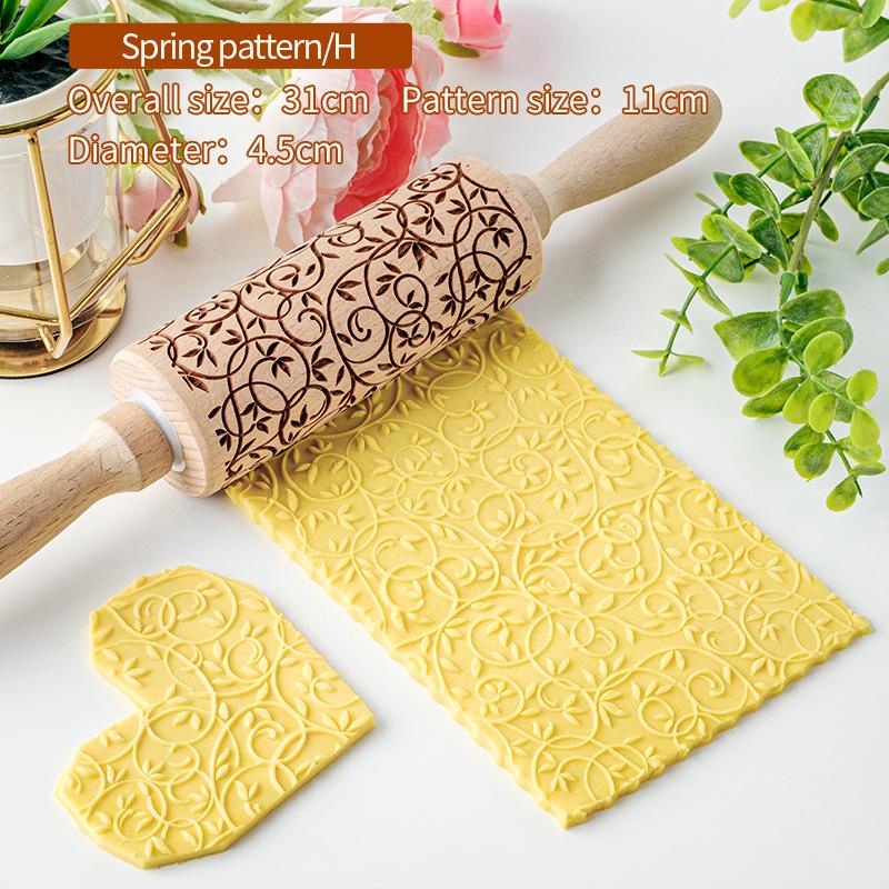 

Spring Pattern Rolling Pin Wooden Cookies Flipper Skin Printed Roller Kitchen Household Baking Tools