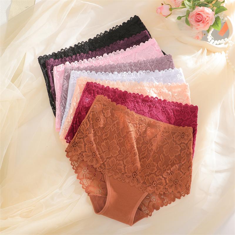 S-XXL Women Mid-Rise Lace Panties Sexy Solid Color Lace Trim Underwear Female Luxury Hollow Out Briefs Cozy Breathable Lingerie