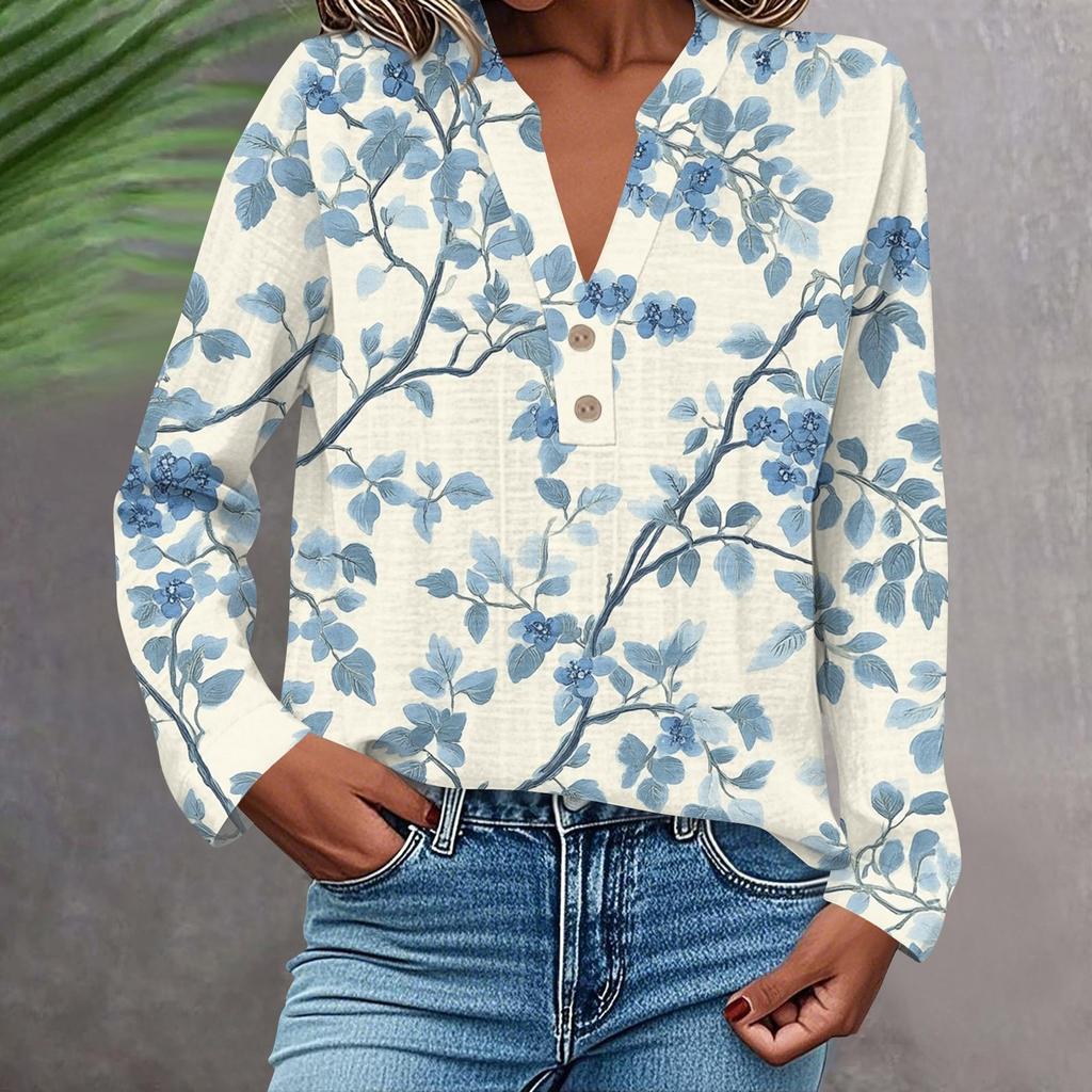 Women's Fashionable And Casual Shirt Long Sleeve V-neck Button Printed Blouse Top