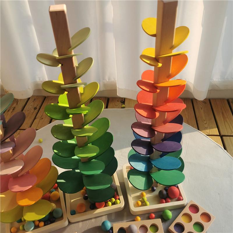 High Quality Rainbow Music Sounding Trees Wooden Petals Assembly and Marble Run Balls Tracking Kids Educational Toys
