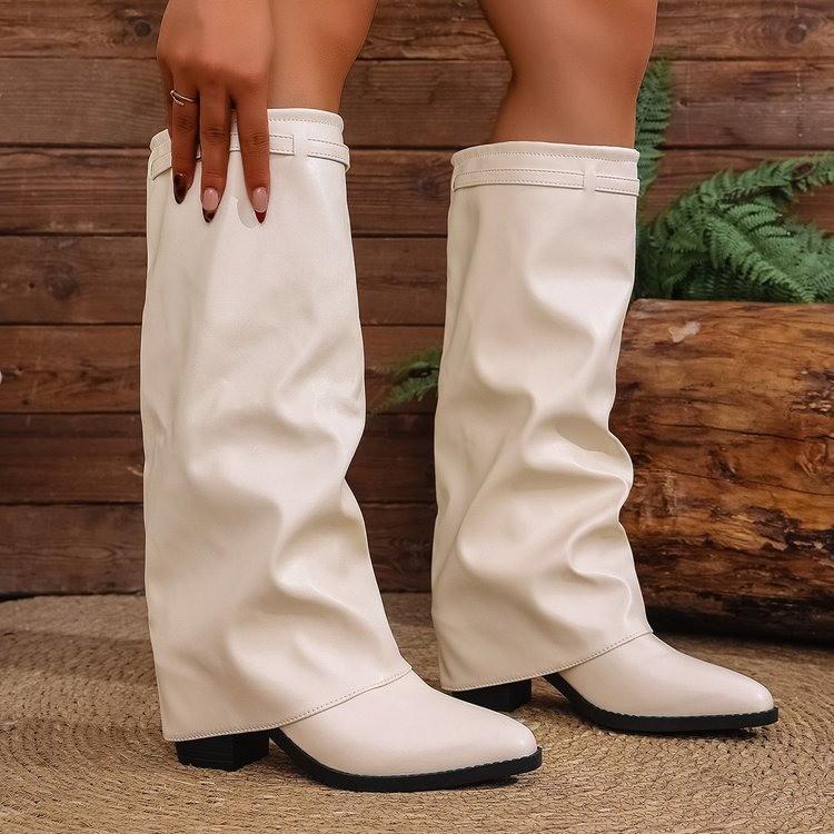 2025 Women's High-Heeled Cross-Folded Chunky Heel Fashion Boots Plus Size British Style