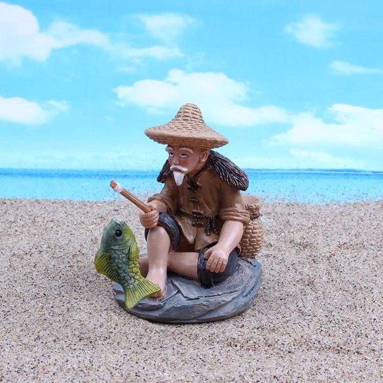 Resin Character Fisherman Fishing Aquarium Fish Tank Decoration Flowerpot Gardening Ornaments Psychological Sand Table (as the picture,4.5x5.5x6.8cm)