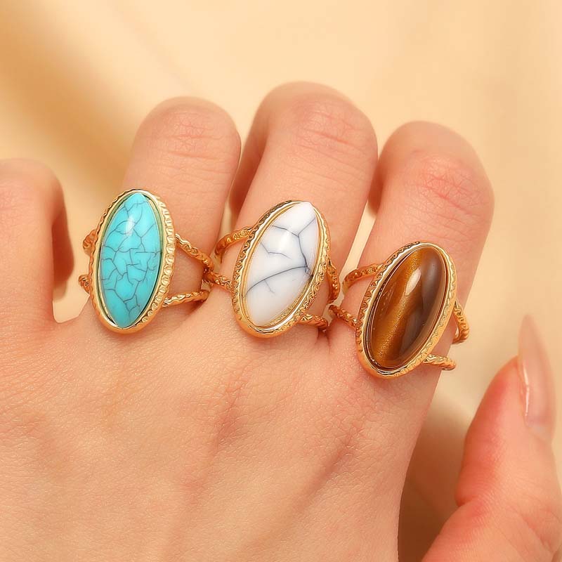 Vintage Metal Brown Stone Open Rings for Women Fashion Gold Color Geometric Oval Double Layered Adjustable Rings Jewelry Gifts