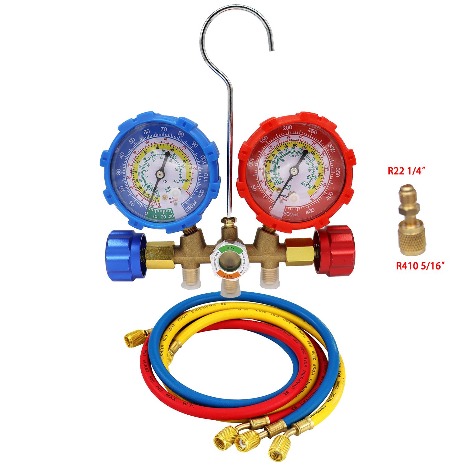 

R22 R134a R502 Комплект манометров для коллектора HVAC A/C Заправка холодильного оборудования со шлангами Регулируемые муфты Адаптер Can Tap 5/16