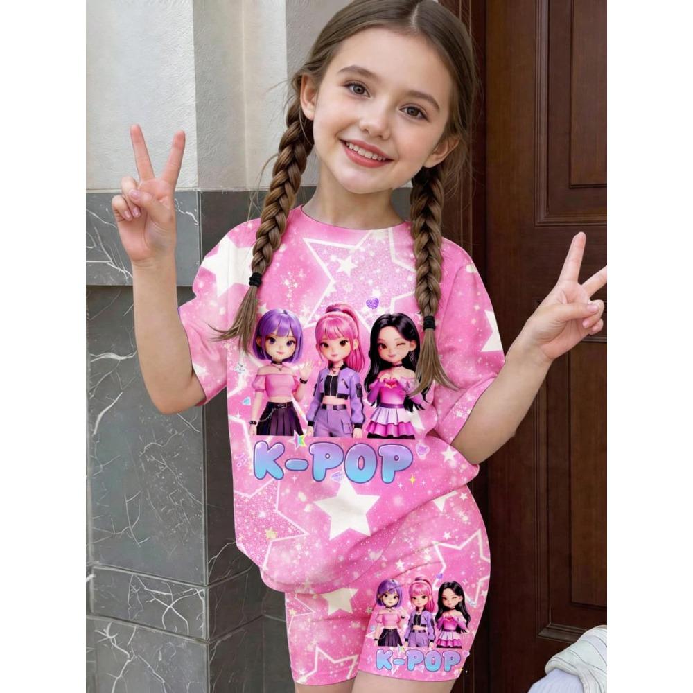K-Pop-Cartoon-Grafik-T-Shirt- und Hosen-Set für Mädchen, Sommerkleidung für Mädchen, süßes Kurzarm-Set, Kinder-T-Shirt- und Shorts-Set